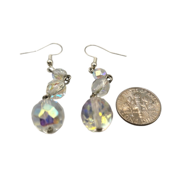 Pierced Earrings Aurora Borealis Crystal Dangle Silver Tone Glass Bead Drops - Picture 3 of 5